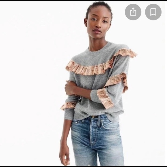 J. Crew Sweaters - J Crew 100% cashmere gray crew neck sweater with bronze lame ruffle